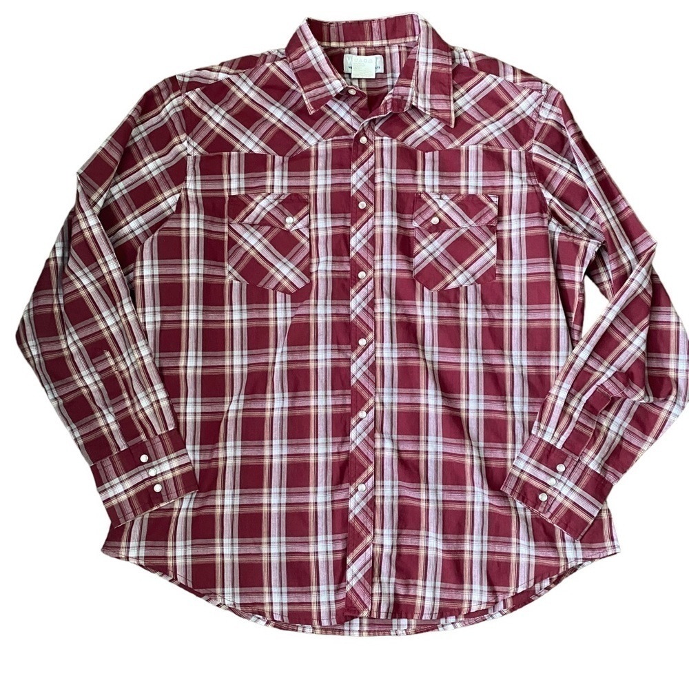 Wrangler Wrancher Red and White Plaid Pearl Snap Long Sleeve Button Down Size XL